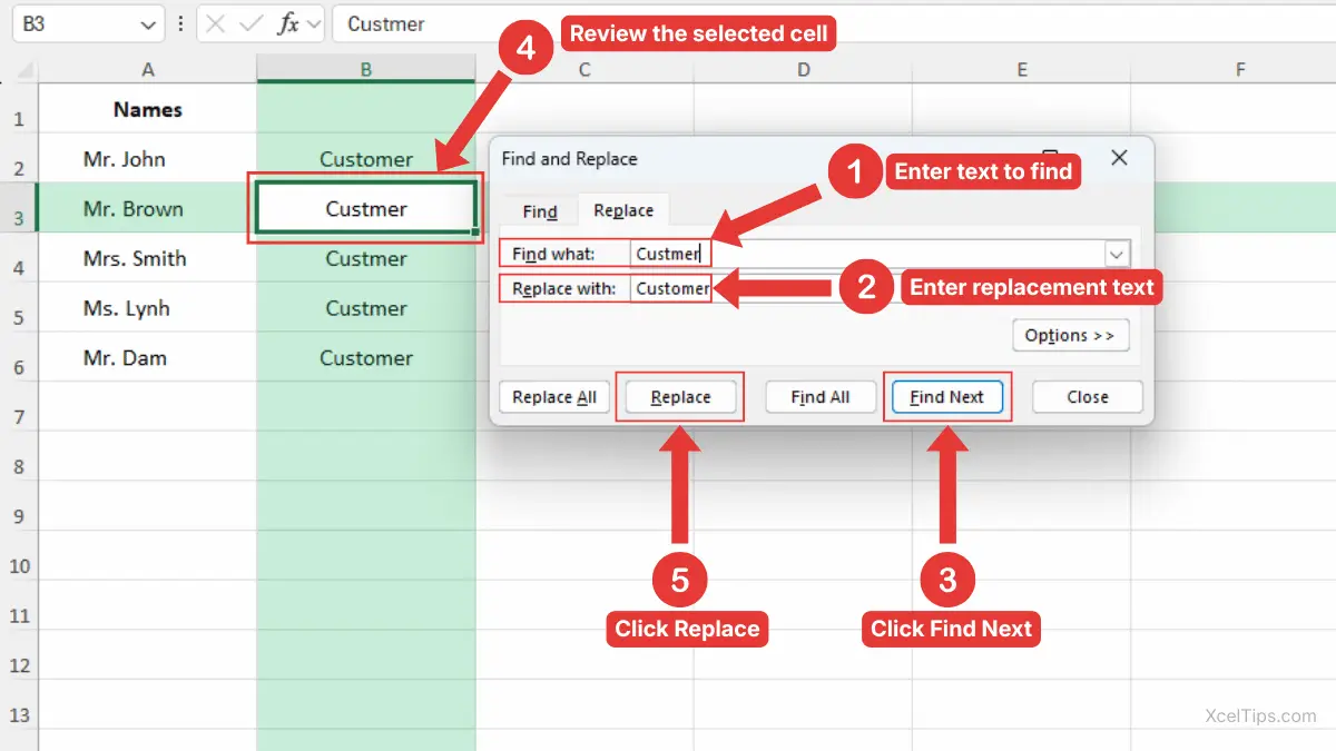 Excel Find and Replace dialog box showing Custmer replaced with Customer one match at a time.