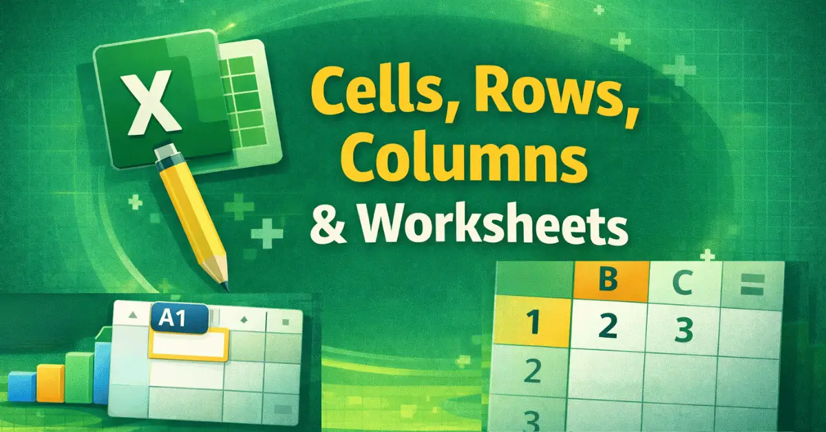 Cells rows columns and worksheets structure in Excel 365 Windows showing grid layout and cell reference example.