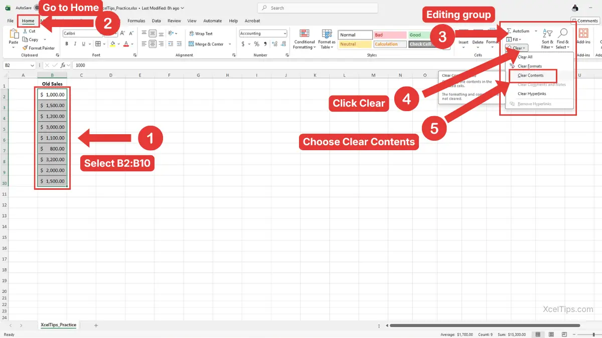 Clear cells in Excel by selecting B2:B10 and choosing Clear Contents from the Home tab.