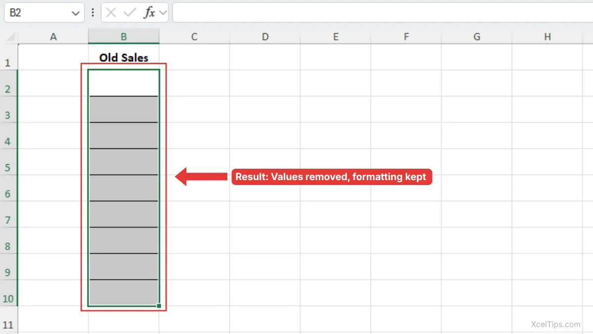 Clear cells in Excel result showing values removed while borders and formatting remain.