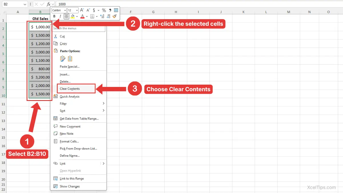 Clear cells in Excel by right-clicking selected cells and choosing Clear Contents.