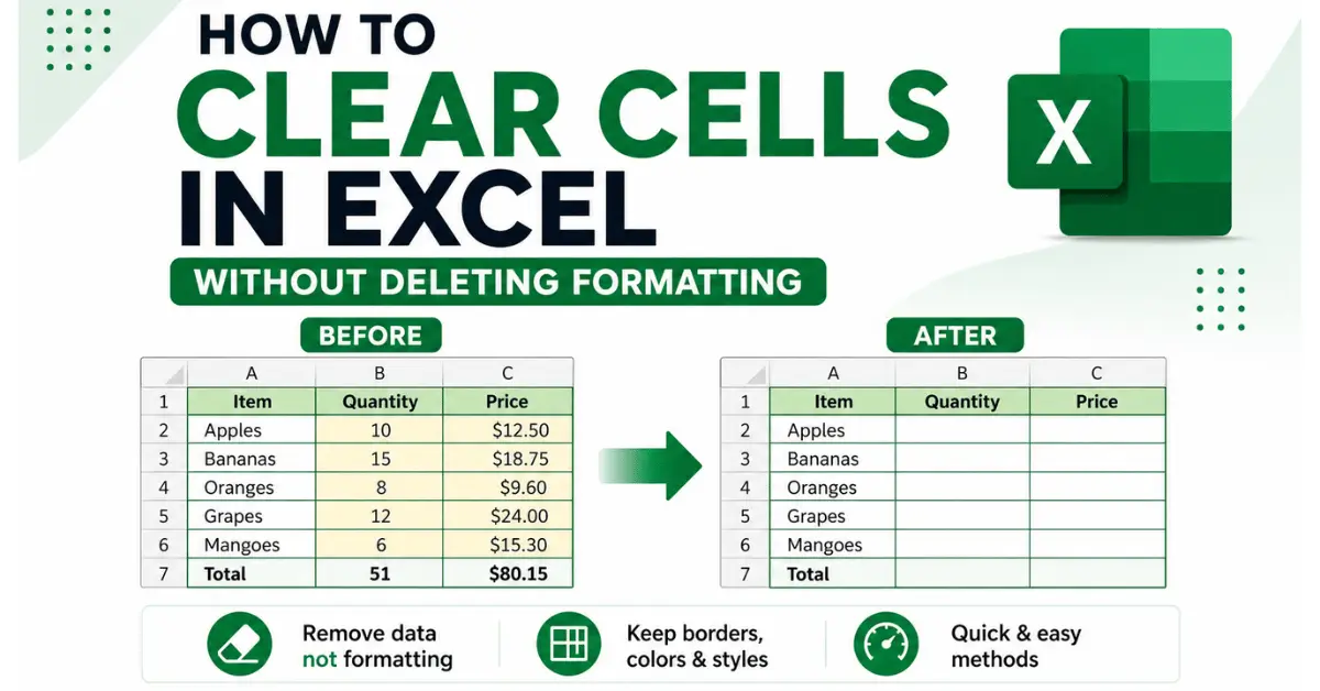 How to clear cells in Excel without deleting formatting using the Clear Contents command.