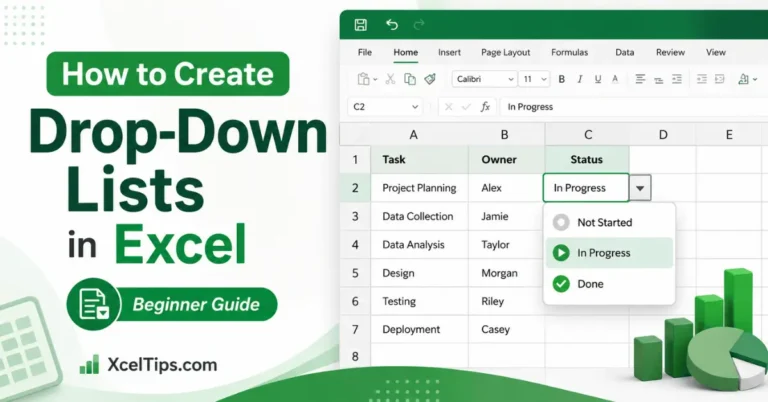 Beginner worksheet showing how to create a drop down lists in Excel created with Data Validation.