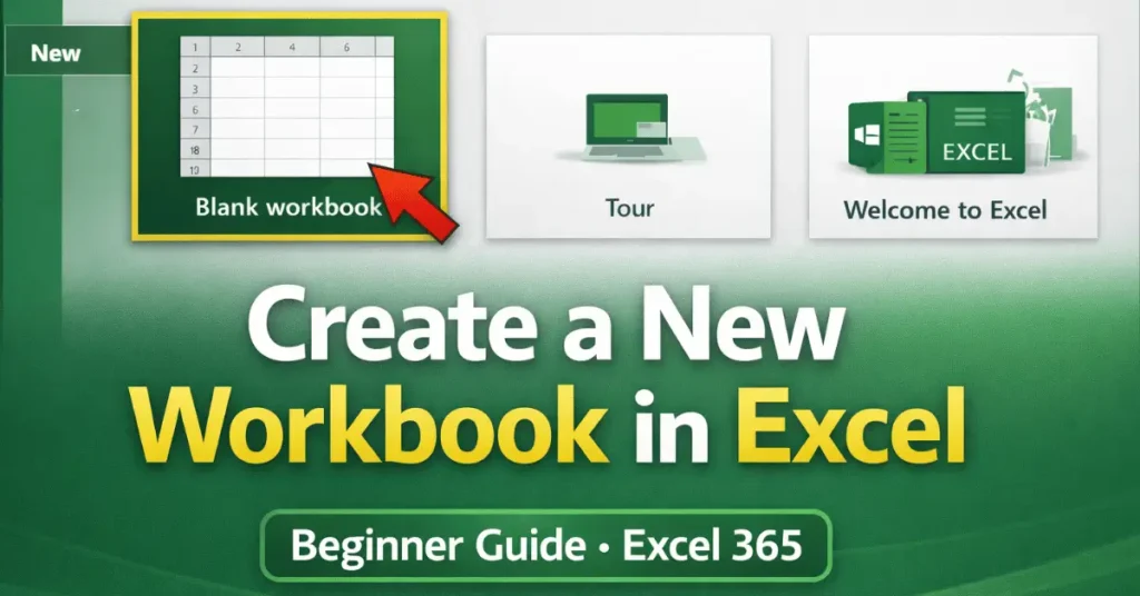 Infographic showing how to create a new workbook in excel by clicking blank workbook on the Start screen