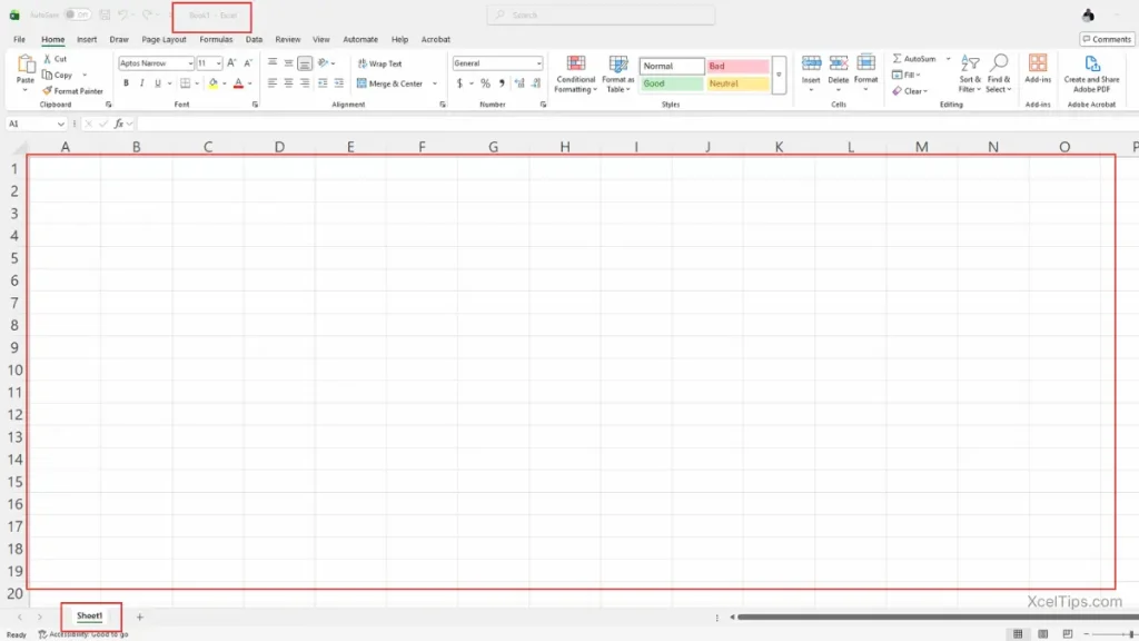 Blank Excel workbook showing grid of cells, default Sheet1 tab, and temporary file name Book1 at the top.