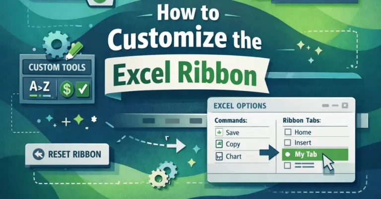Customize the Excel Ribbon settings showing custom tabs and command groups.