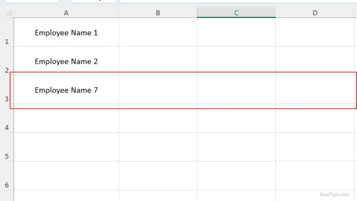 Rows 3 through 6 selected in Excel with the Delete command used to remove multiple rows.