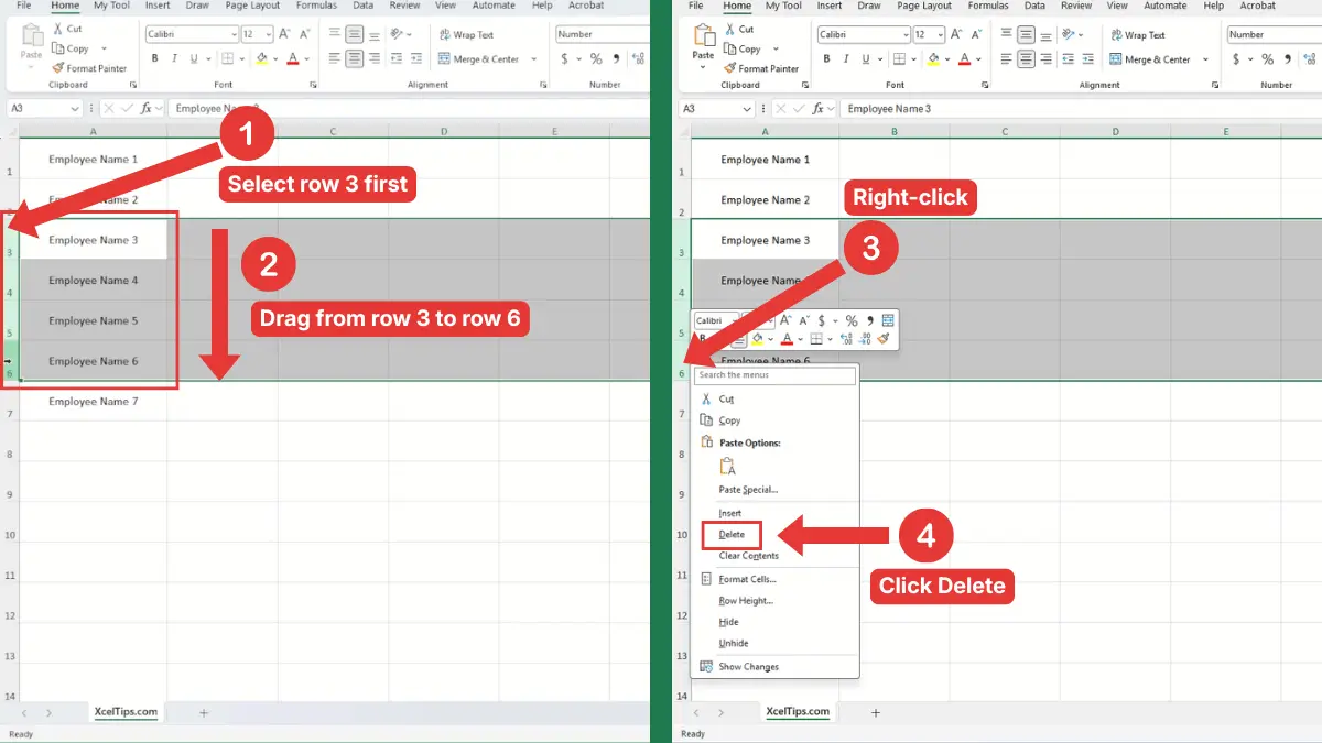 Rows 3 through 6 selected in Excel to delete multiple rows at once.