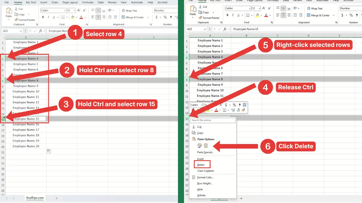 Rows 4, 8, and 15 selected in Excel with Ctrl to delete non-adjacent rows.