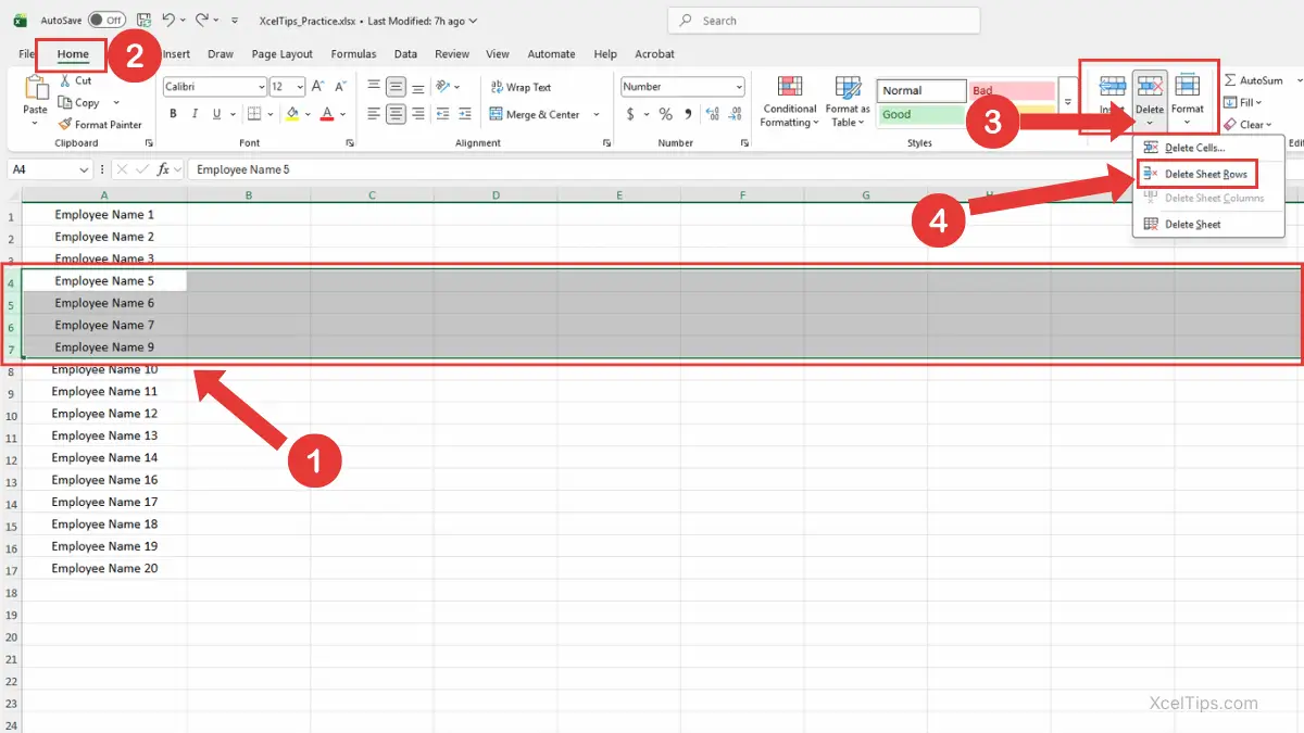 Excel Home tab showing Delete Sheet Rows command used to delete selected rows.