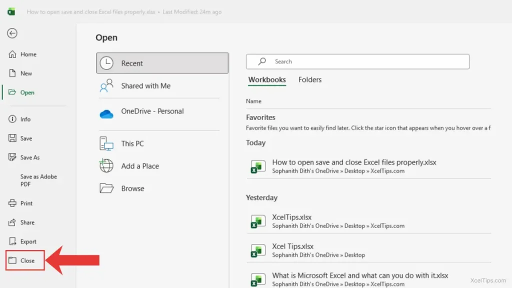 Backstage view in Excel 365 on Windows showing the Close option in the File menu.