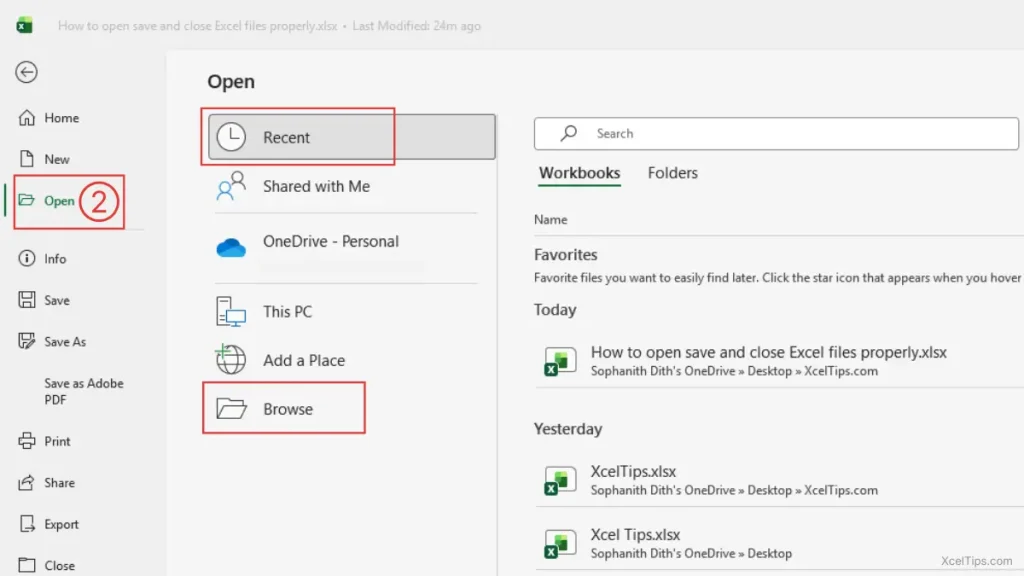 Backstage view in Excel 365 showing the Open option with Recent files and Browse button on Windows.