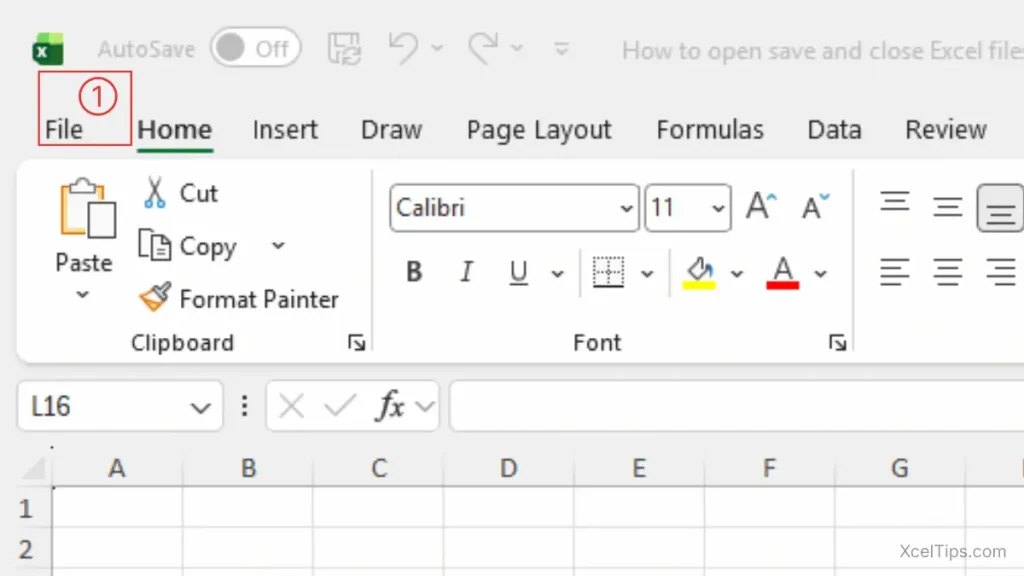 Screenshot of Microsoft Excel 365 showing the File tab highlighted in the top-left corner of the Ribbon.
