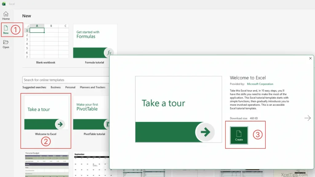 Excel 365 Start screen on Windows showing the New option selected and built-in templates available for creating a new workbook.