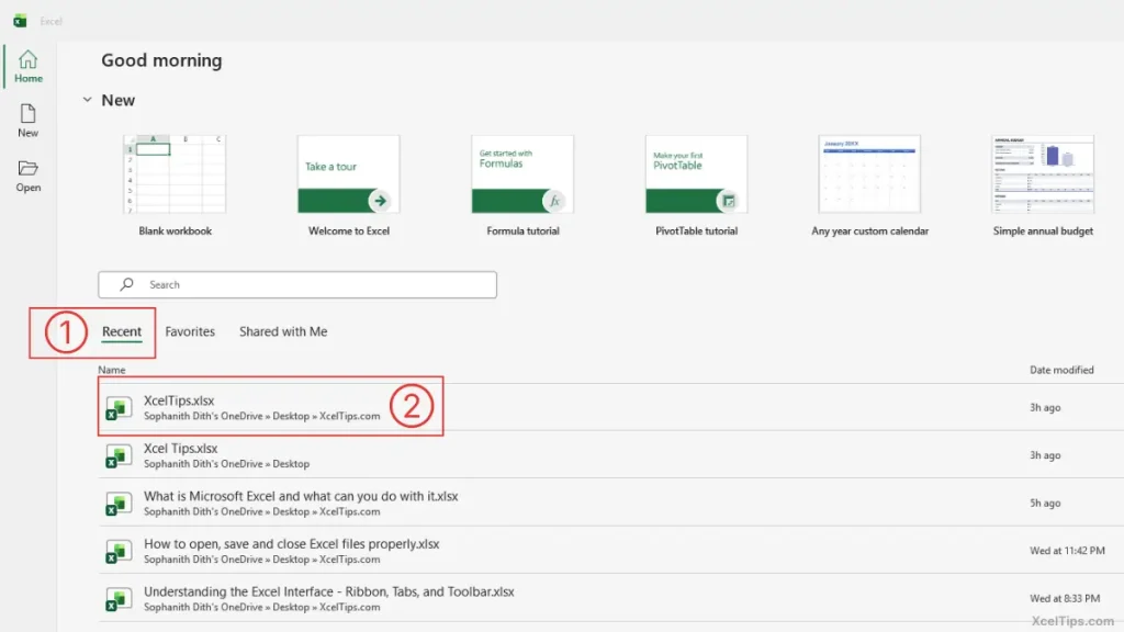 Screenshot showing how to open recent files in Microsoft Excel 365 by opening Excel and selecting the Recent list in the start Screen.