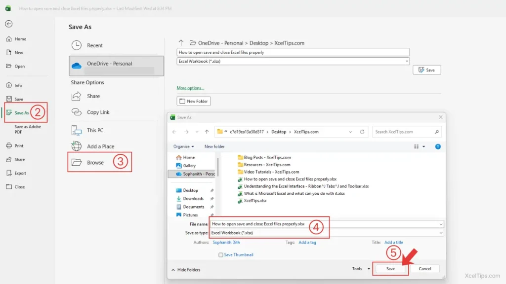 Screenshot of Excel 365 Backstage view after clicking the File tab, showing the Save As option in the left panel.