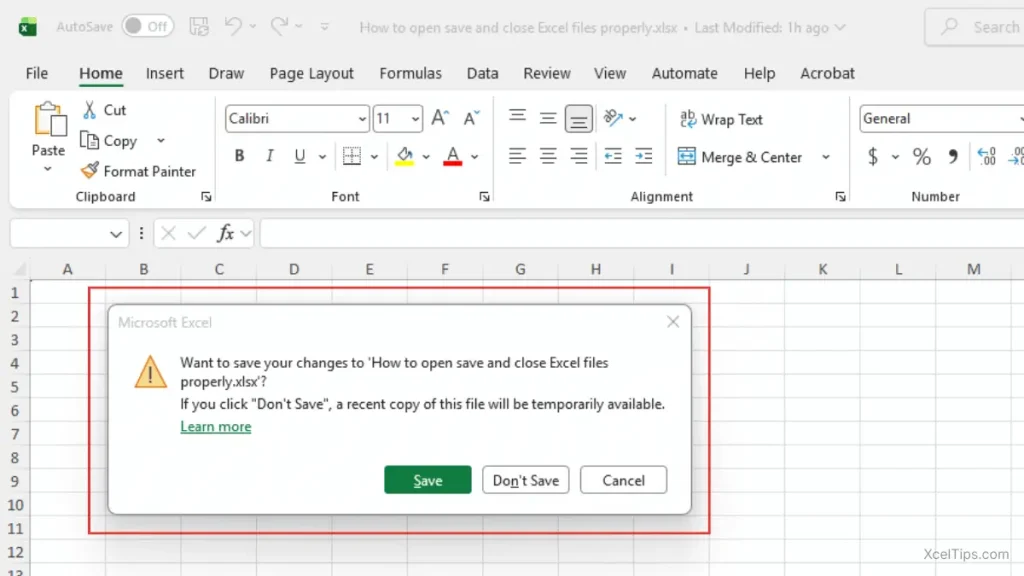 Screenshot of the Excel 365 Save Changes prompt dialog box showing the options Save, Don’t Save, and Cancel.