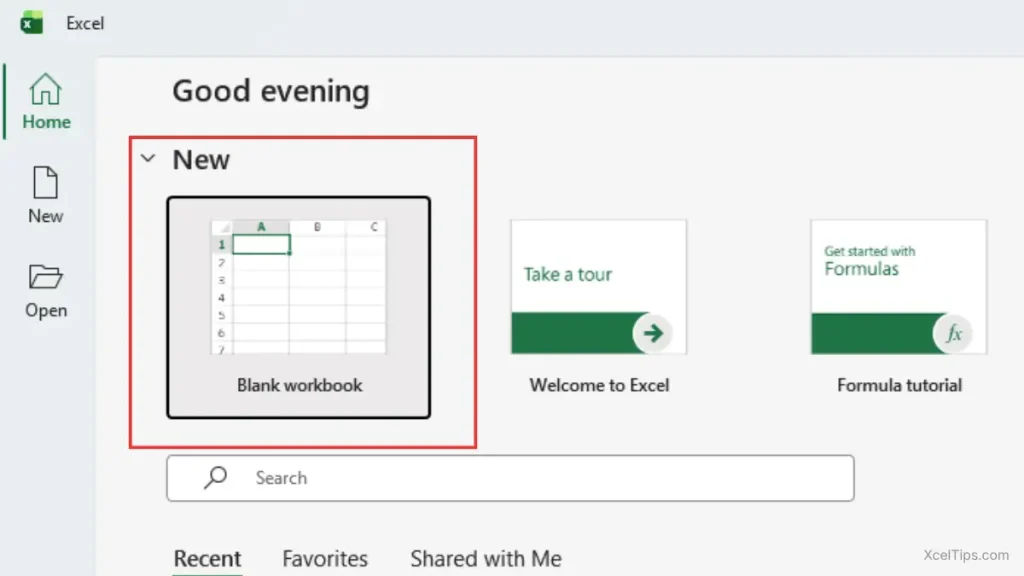 Excel 365 Start Screen on Windows showing the Blank workbook option used to create a new Excel workbook.