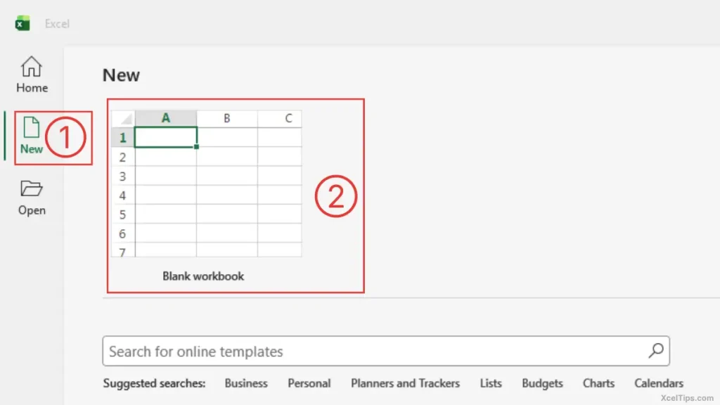 Microsoft Excel 365 Start screen on Windows showing the New option selected and the Blank workbook tile.