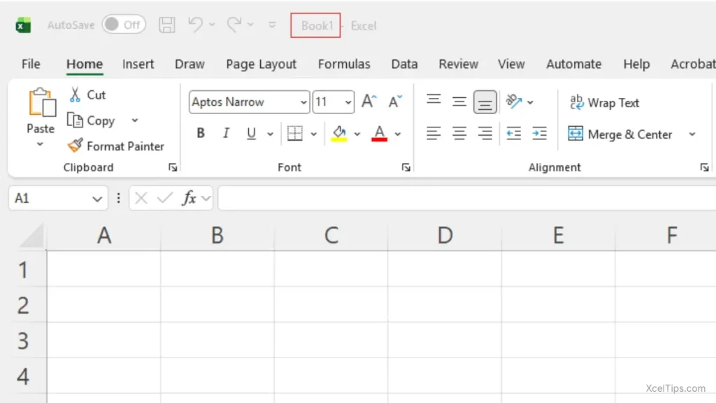 Microsoft Excel showing a new blank workbook with the default temporary file name "Book1" in the title bar.
