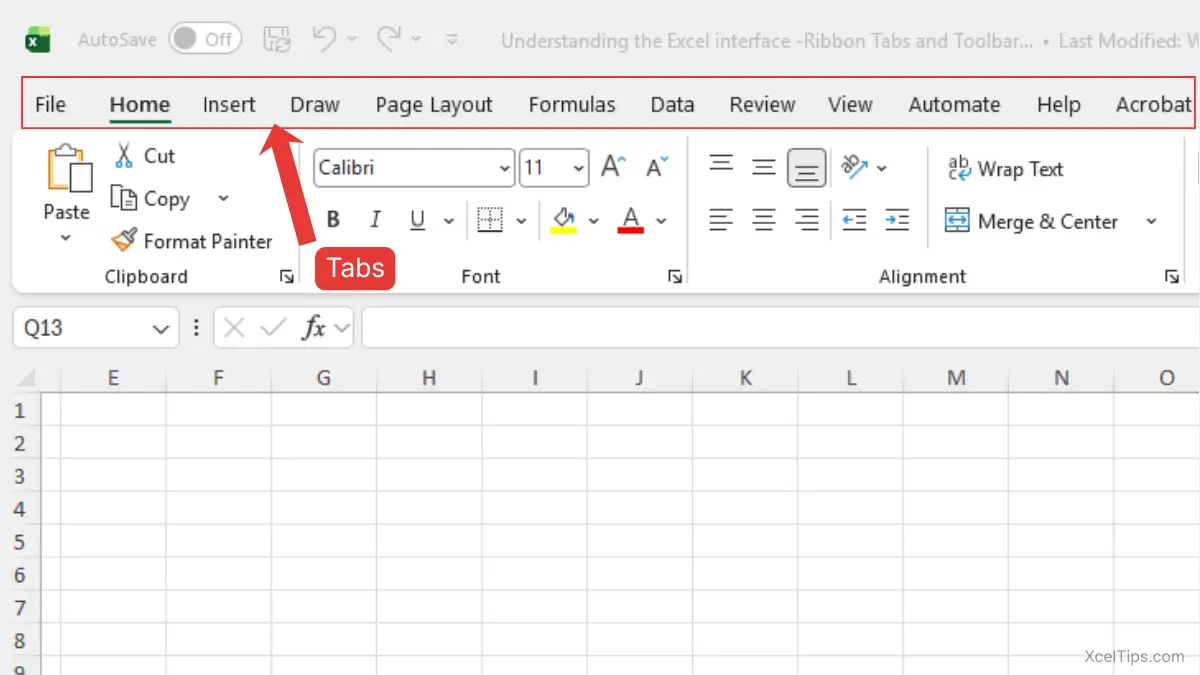 Microsoft Excel interface showing default tabs including File, Home, Insert, Formulas, Data, and View at the top of the Ribbon.