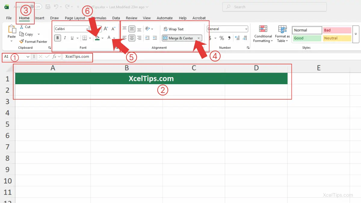 Microsoft Excel showing cells A1:D1 merged and centered with white font color and green fill color using the Home tab.