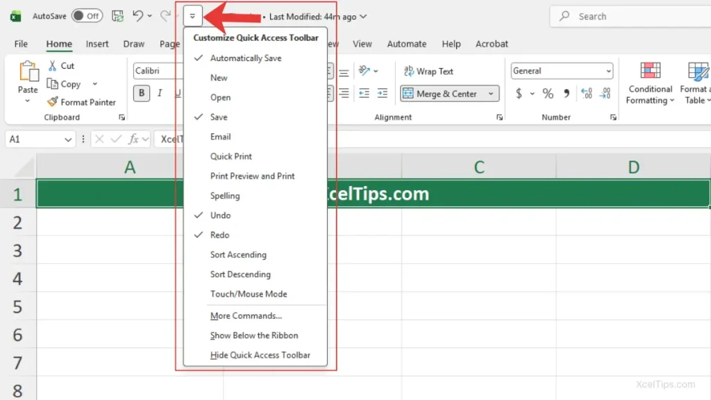 Microsoft Excel Quick Access Toolbar dropdown menu showing options like Quick Print, New, and Open.