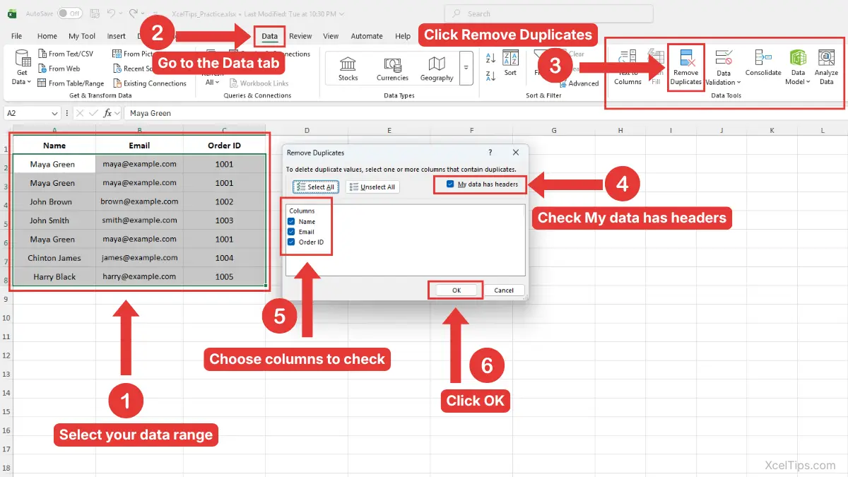 Excel Data tab showing the Remove Duplicates command, selected data range, header option, column checkboxes, and OK button.