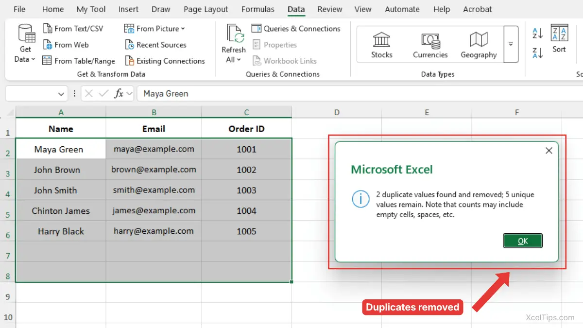 Excel message showing duplicate values removed and unique values remaining after using Remove Duplicates