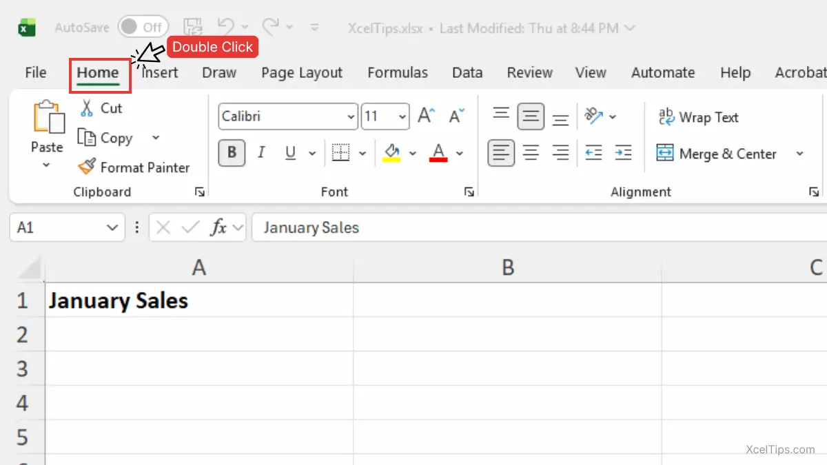 Microsoft Excel showing the Ribbon restored after double-clicking the Home tab.