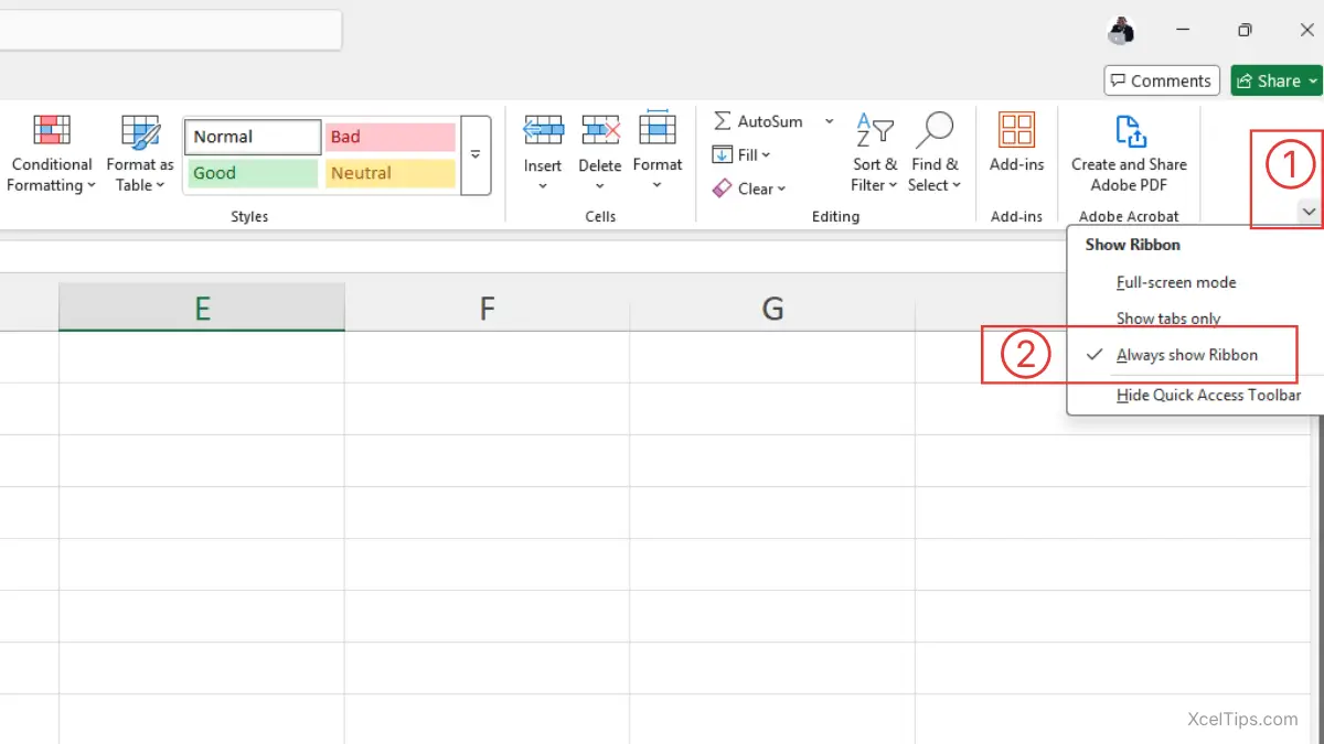 Excel Ribbon Display Options menu showing the Show Tabs and Commands setting in Microsoft Excel.