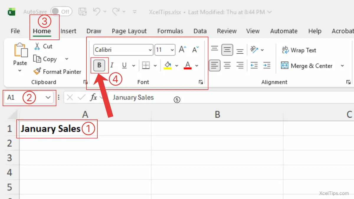 Microsoft Excel showing the Home tab with Bold applied to cell A1 in XcelTips.xlsx