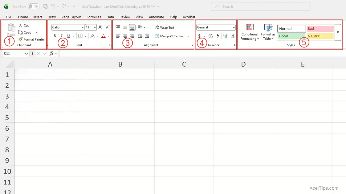 Microsoft Excel Home tab showing Ribbon groups including Clipboard, Font, Alignment, Number, and Styles.