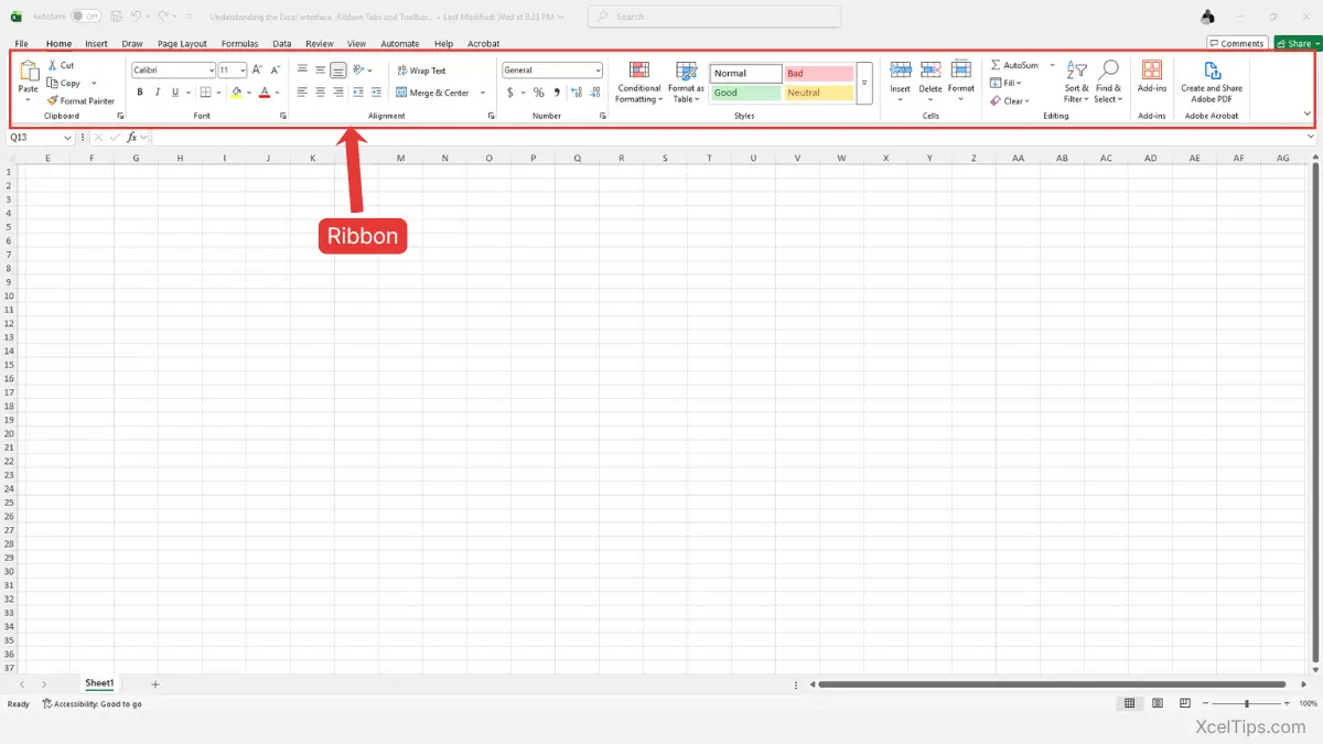 Microsoft Excel interface showing the Ribbon at the top with tabs and command groups highlighted.