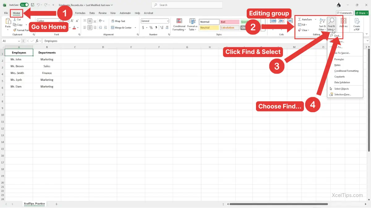 Excel Home tab showing Find & Select menu used to find data in Excel.