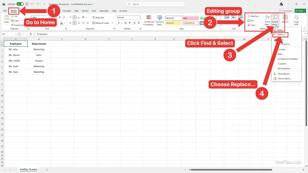 Excel Home tab showing Find and Select menu with the Replace option highlighted.
