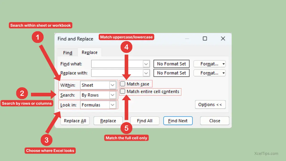 Excel Find and Replace dialog box showing options for Within, Search, Look in, Match case, and Match entire cell contents.