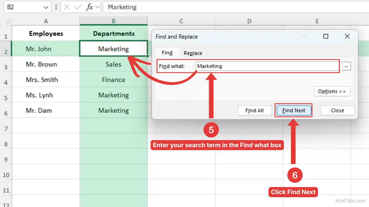 Excel Find and Replace dialog box showing Marketing in the Find what box and a matching cell selected.
