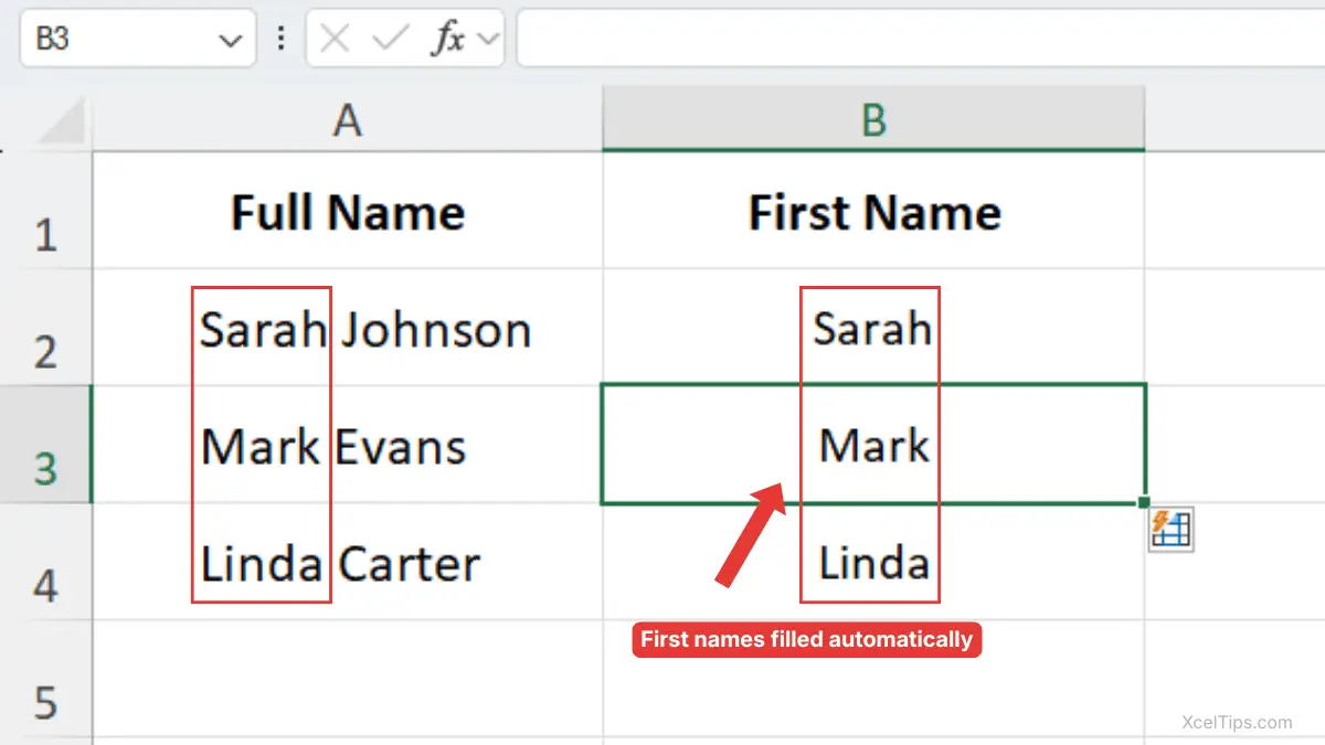 Excel Flash Fill result showing first names automatically filled from a full name column.