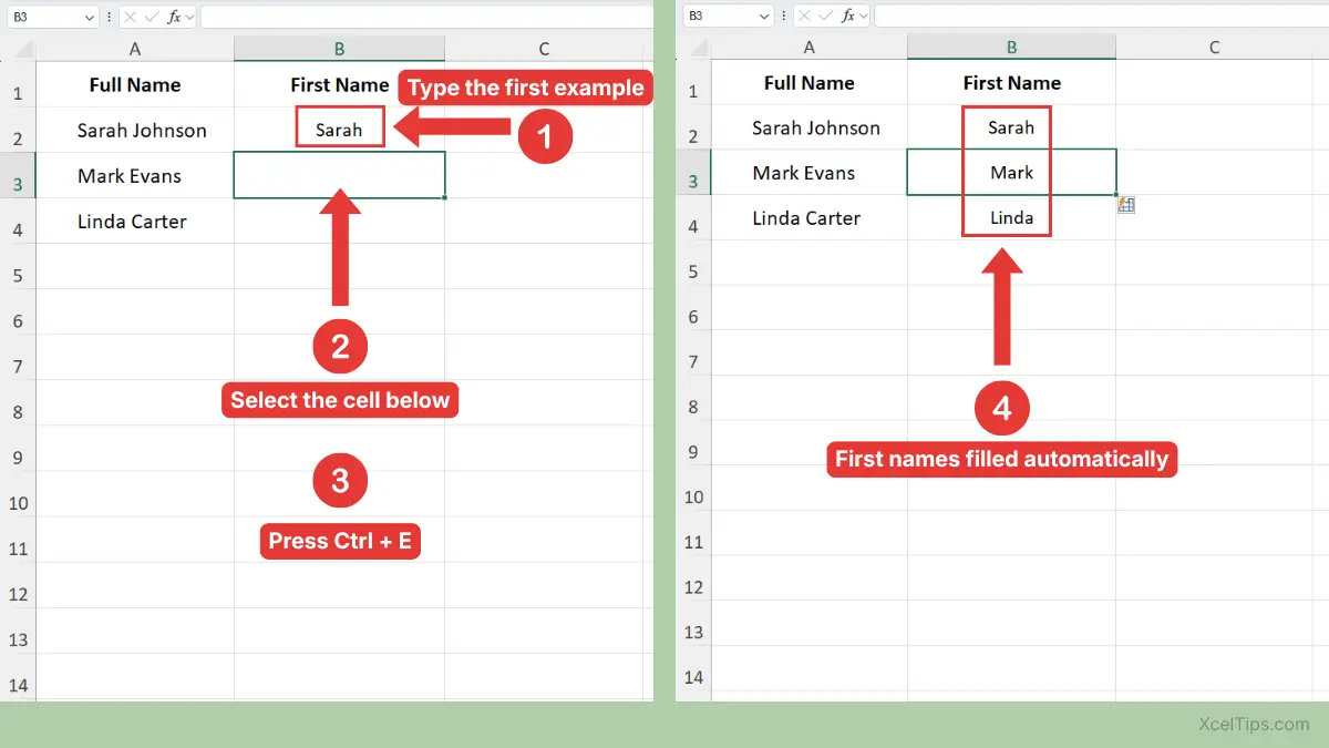 Excel Flash Fill keyboard shortcut Ctrl E filling first names from a full name column.