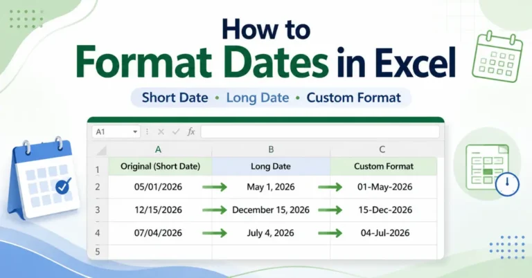 Beginner Excel worksheet showing formatted dates in different date styles.