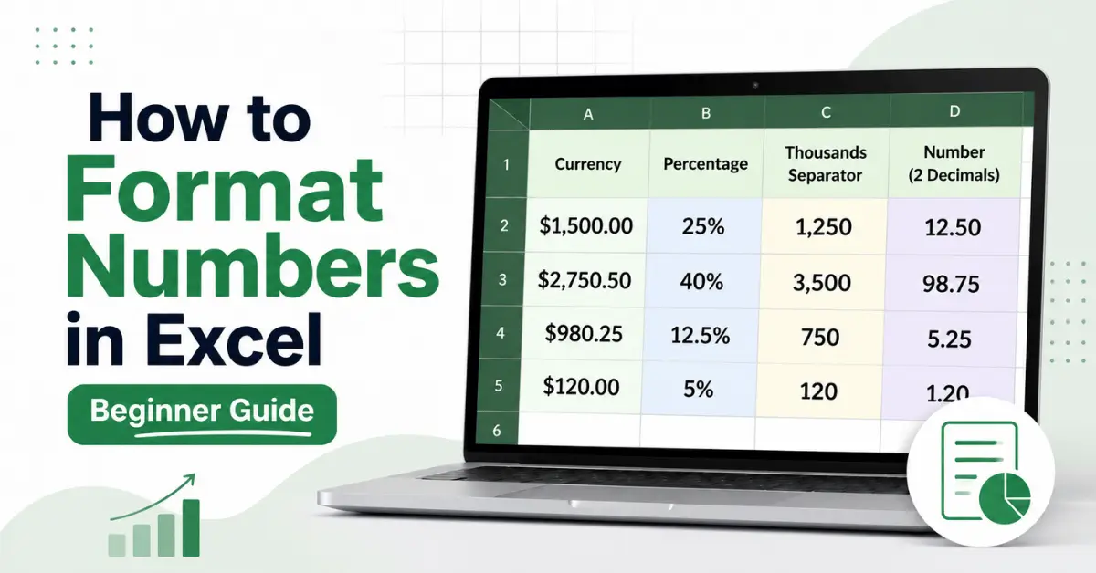 Beginner Excel worksheet showing formatted numbers, currency, percentages, and decimal places.