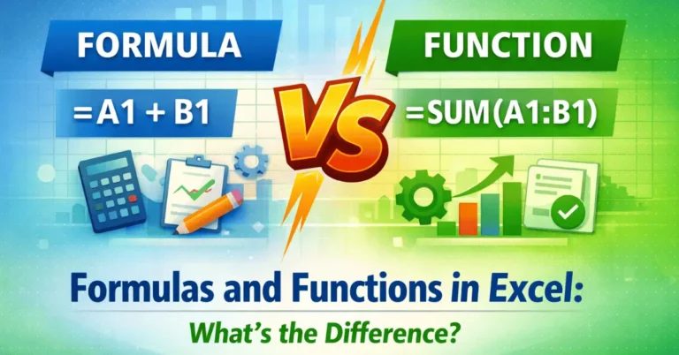 Illustration showing formulas and functions in Excel with a comparison between =A1+B1 and =SUM(A1:B1).