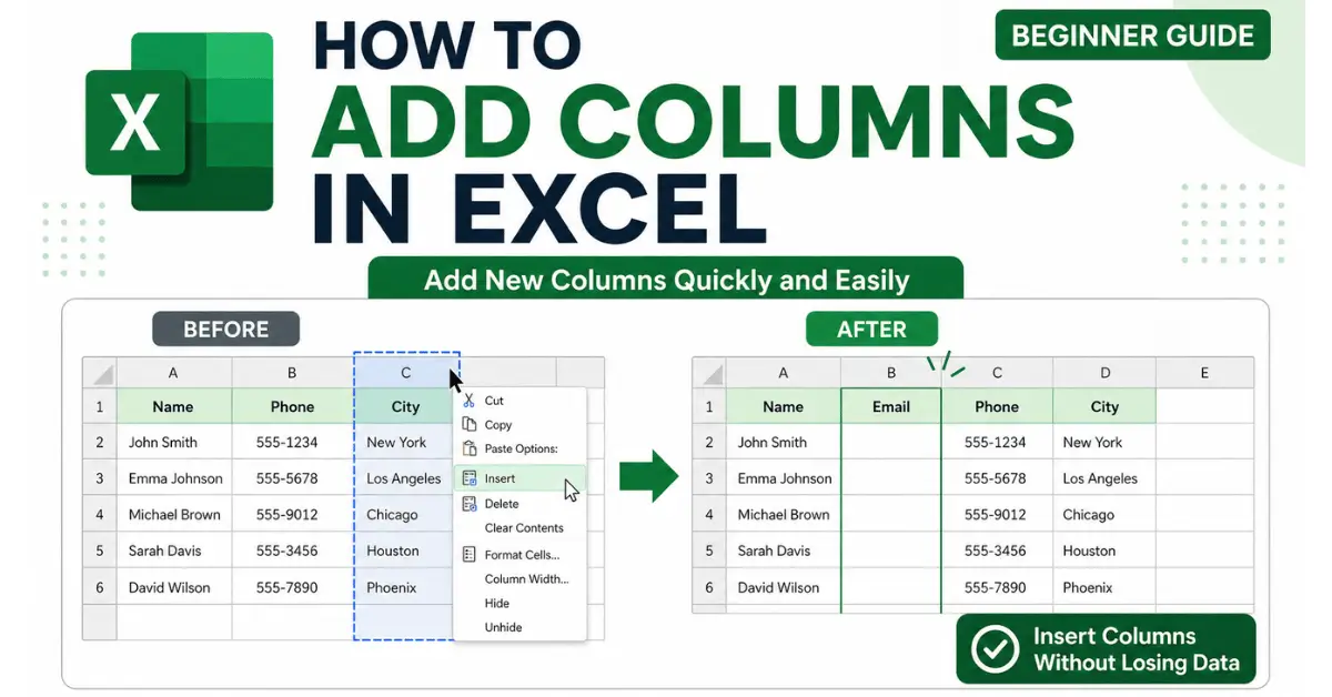 Excel worksheet showing how to add columns in Excel by inserting a blank column between existing data.