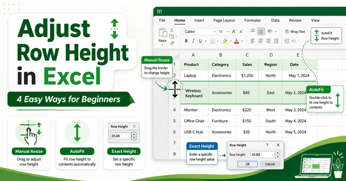 Excel worksheet showing rows being resized to adjust row height.