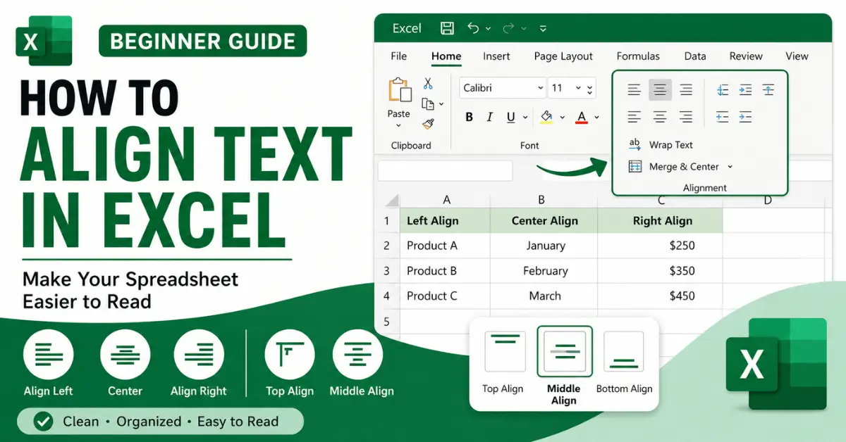 How to align text in Excel using alignment buttons on the Home tab.