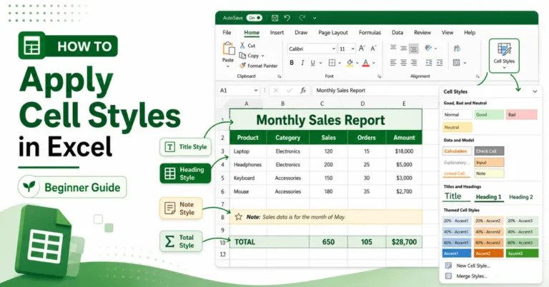 Excel worksheet showing Cell Styles applied to headings, totals, and notes.