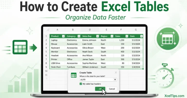 Excel worksheet showing a formatted table with headers, filter arrows, and organized data.