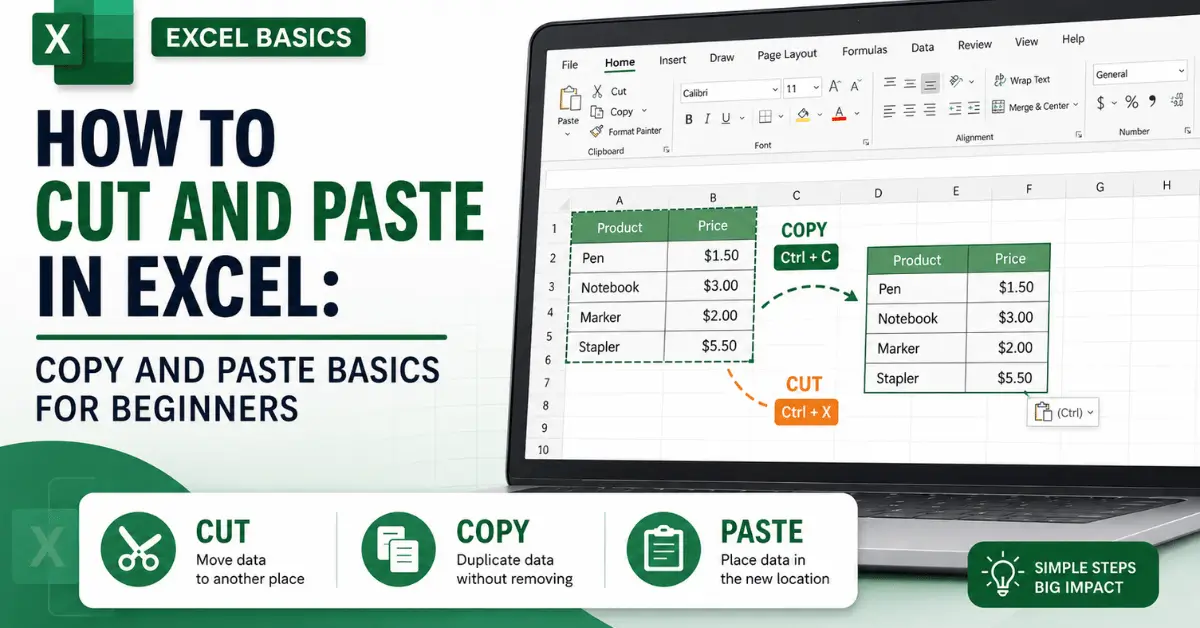 Worksheet showing how to cut and paste in Excel and how to copy and paste in Excel.