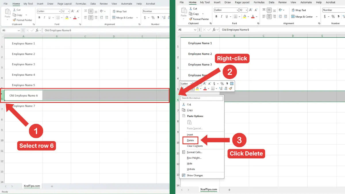 Row 6 selected in Excel with the Delete option used to remove a row.